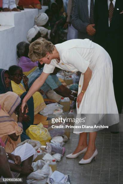 Diana, Princess of Wales visits the 'Untouchables' at Mianpur Old Age Welfare Centre in Hyderabad, India, February 1992.