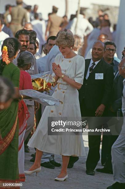 Diana, Princess of Wales visits the 'Untouchables' at Mianpur Old Age Welfare Centre in Hyderabad, India, February 1992.