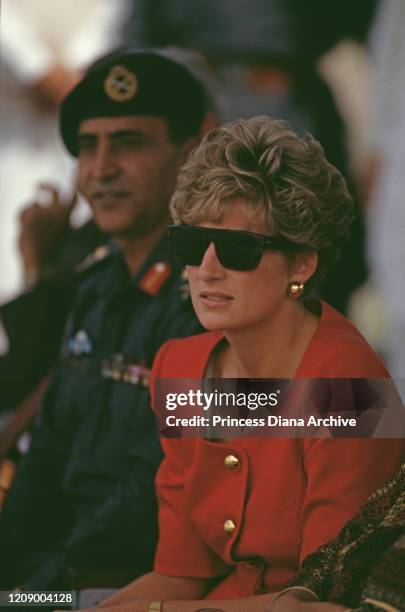 Diana, Princess of Wales visits the Khyber Rifles Regiment, part of the Frontier Corps, at Minchi Point on the Khyber Pass, Pakistan, September 1991.
