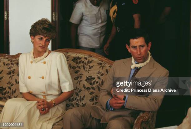 Diana, Princess of Wales and Prince Charles in Hyderabad, India, February 1992. Diana is wearing a traditional tilak on her forehead.