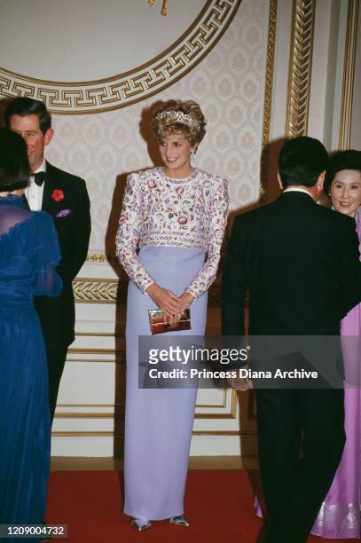 Prince Charles and Diana, Princess of Wales attend a state banquet hosted by the South Korean President at the Blue House in Seoul, South Korea, 3rd...