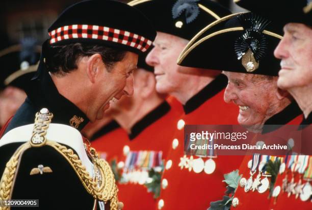 Prince Charles meets a group of Chelsea Pensionsers on Founder's Day at the Royal Hospital Chelsea, London, 4th June 1992.