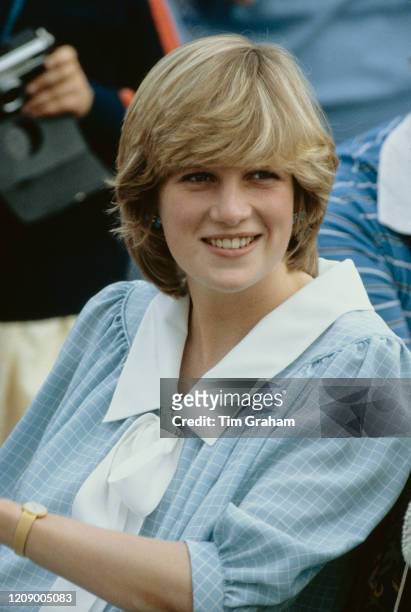 Diana, Princess of Wales wearing a maternity dress during a polo match in Brockenhurst, Hampshire, 15th May 1982.