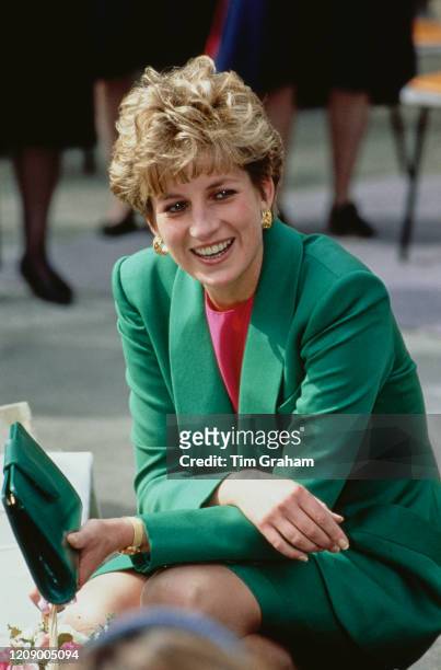 Diana, Princess of Wales wearing a green suit during a visit to Belper in Derbyshire, UK, 28th April 1992.
