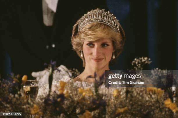 Diana, Princess of Wales attends a banquet in Nova Scotia, Canada, wearing the Queen Mary tiara, 15th June 1983.