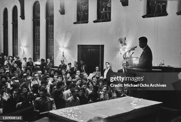 American novelist and activist James Baldwin addresses an audience in a church, USA, October 1963.