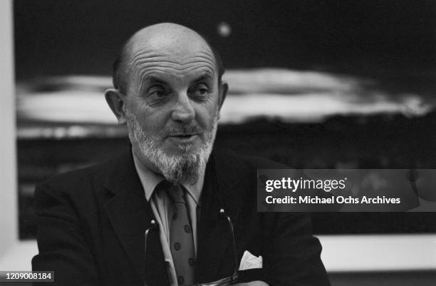 American landscape photographer Ansel Adams in front of his famous work 'Moonrise, Hernandez, New Mexico', November 1964. The photograph was taken in...