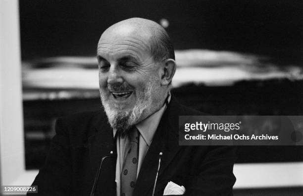 American landscape photographer Ansel Adams in front of his famous work 'Moonrise, Hernandez, New Mexico', November 1964. The photograph was taken in...