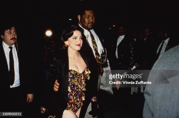 American singer Madonna at the premiere of the documentary film 'Truth or Dare', which follows her Blond Ambition World Tour, USA, 8th May 1991.