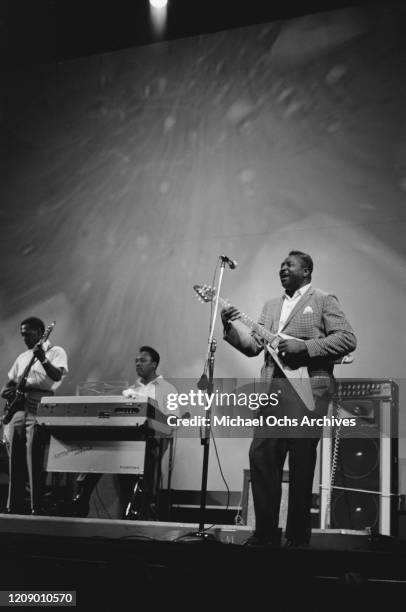American blues guitarist Albert King playing at Fillmore East in New York City, 22nd October 1968.