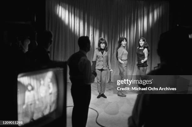 American girl group the Ronettes appear on the Soupy Sales television show in New York City, circa 1964. From left to right, Veronica Bennett ,...