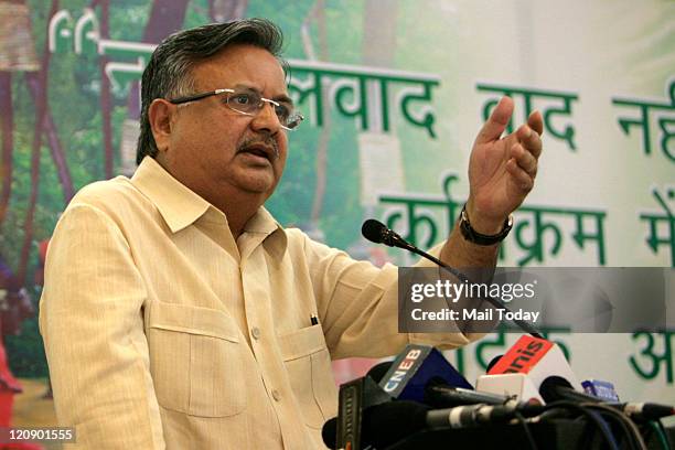 Chhattisgarh CM Dr Raman Singh speaks against naxalism in his state, in New Delhi on Thursday.