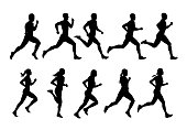 Running people, vector runners, group of isolated silhouettes, side view