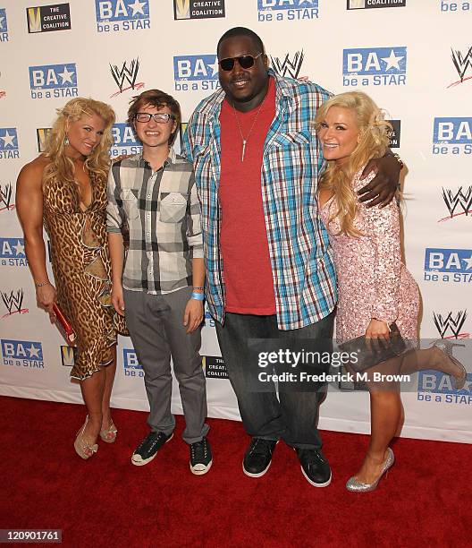 Beth Phoenix, actors Angus T. Jones and Quinton Aaron and Natalya attend the WWE and The Creative Coalition's "be a Star" SummerSlam Kickoff Party at...