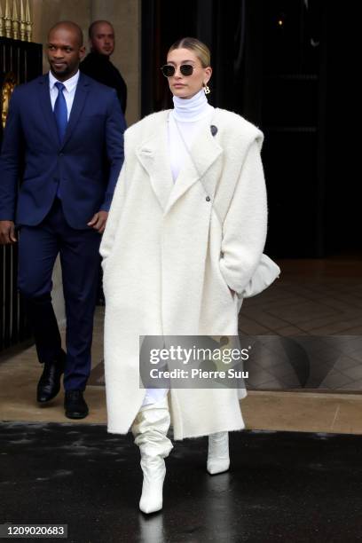 Hailey Bieber is seen leaving the Crillon hotel on February 27, 2020 in Paris, France.