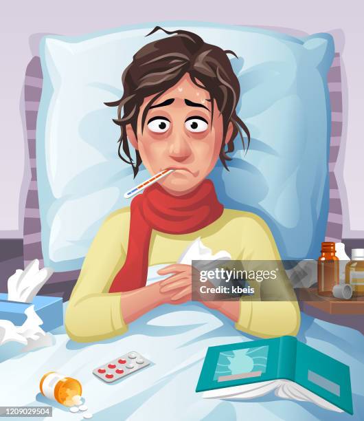 stockillustraties, clipart, cartoons en iconen met jonge zieke vrouw die in bed ligt - verkoudheidsvirus