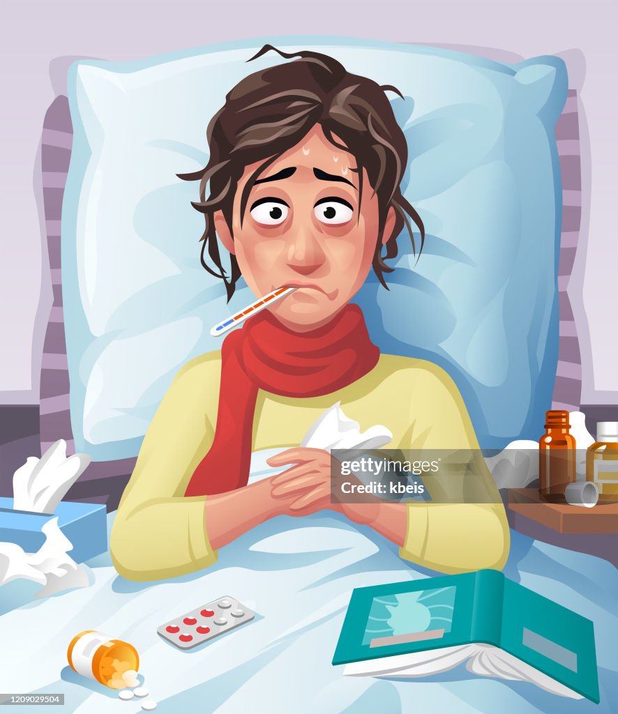 Young Sick Woman Lying In Bed High-Res Vector Graphic - Getty Images