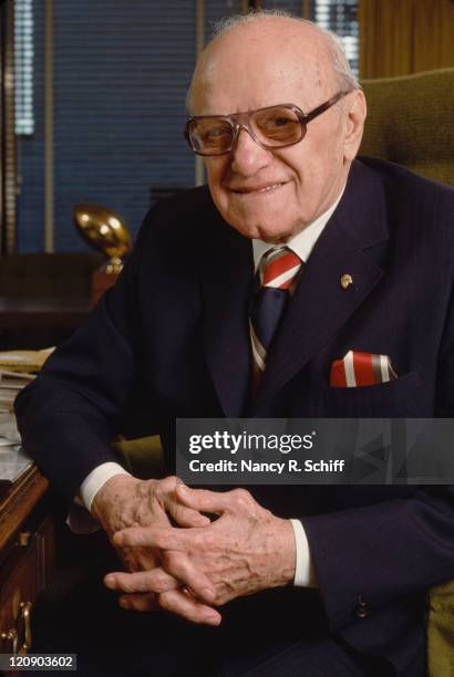 American football executive George Halas , one of the founders of the NFL , at his office desk, 1982.