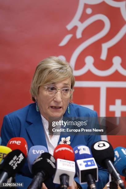 The counsellor of Health, Ana Barcelo speaks during a press conference to inform about the Coronavirus infected young person at La Plana de Castellon...