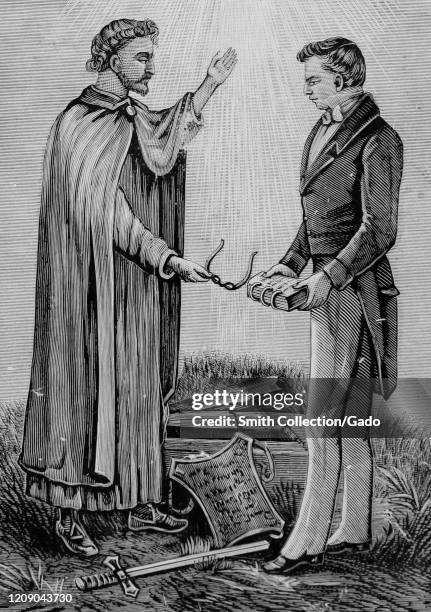 Engraving showing the Angel Moroni delivering the plates of the Book of Mormon to Joseph Smith, of the Church of Jesus Christ of Latter Day Saints,...