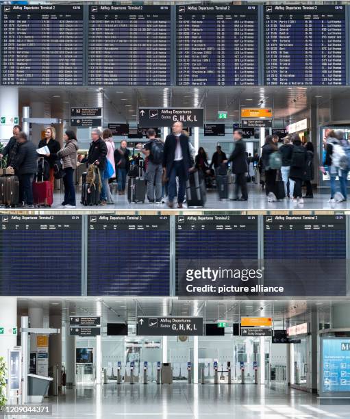 April 2020, Bavaria, Munich: While the display board in Terminal 2 at Munich Airport on , the start of the Easter holidays 2019, shows louder flights...
