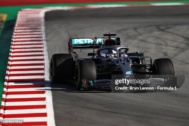 Lewis Hamilton of Great Britain driving the Mercedes AMG Petronas F1 Team Mercedes W11 on track during Day Two of F1 Winter Testing at Circuit de...