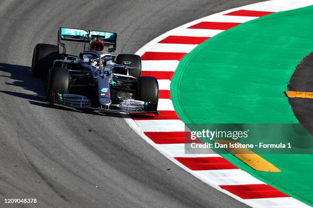 Lewis Hamilton of Great Britain driving the Mercedes AMG Petronas F1 Team Mercedes W11 on track during Day Two of F1 Winter Testing at Circuit de...