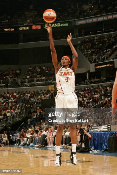 DeLisha Milton-Jones of the Eastern Conference All-Stars shoots three point basket during the 2007 WNBA All-Star game presented by Discover Card on...