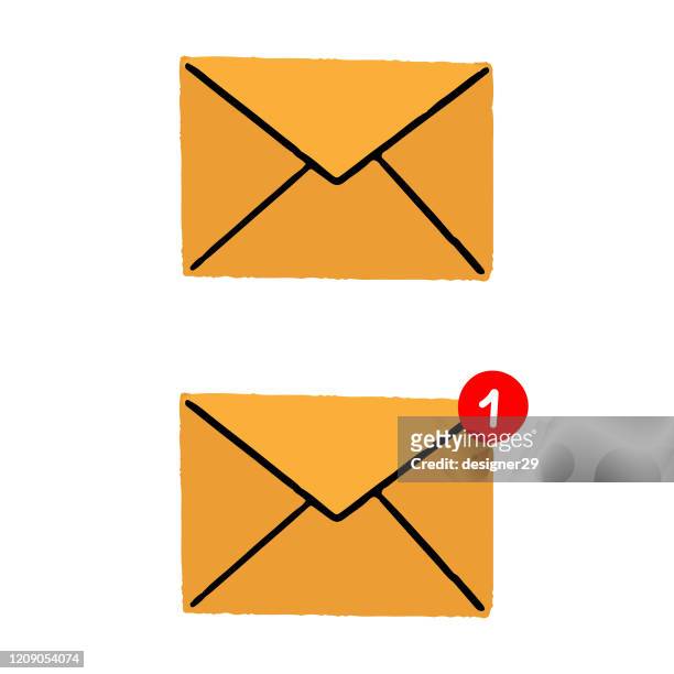 stockillustraties, clipart, cartoons en iconen met handgetekende berichtmelding geïsoleerd op witte achtergrond en e-mail, vectorontwerp enveloppictogram op witte achtergrond. - inbox filing tray