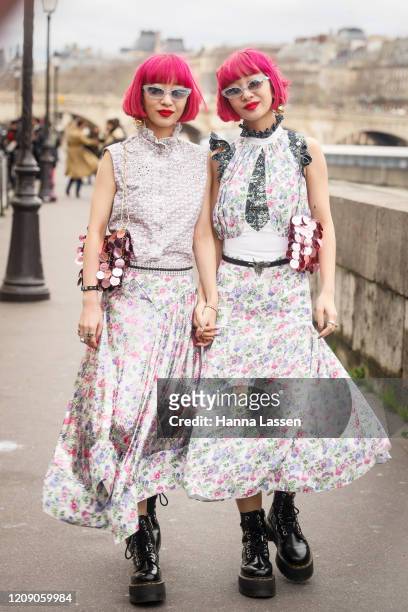 Amiaya wearing pink floral maxi dress and wombat boots outside the Paco Rabanne show during the Paris Fashion Week Womenswear Fall/Winter 2020/2021...