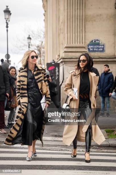 Lisa Aiken wearing animal print short fur jacket, leather skirt, zebra printed heels and sunglasses outside the Paco Rabanne show during the Paris...
