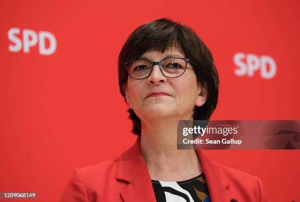 Saskia Esken, co-leader of the German Social Democrats , speaks to the media the day after elections in the city and state of Hamburg on February 24,...