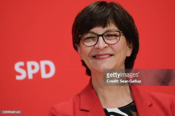 Saskia Esken, co-leader of the German Social Democrats , speaks to the media the day after elections in the city and state of Hamburg on February 24,...