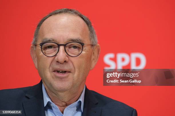 Norbert Walter-Borjans, co-leader of the German Social Democrats , speaks to the media the day after elections in the city and state of Hamburg on...