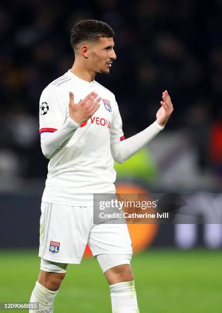 Houssem Aouar of Olympique Lyonnais during the UEFA Champions League round of 16 first leg match between Olympique Lyon and Juventus at Parc...