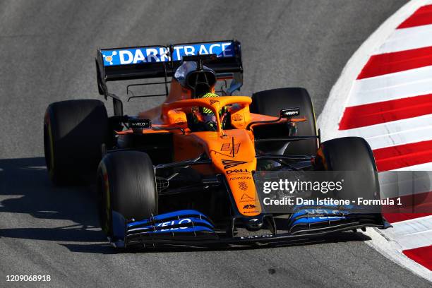 Lando Norris of Great Britain driving the McLaren F1 Team MCL35 Renault on track during Day Two of F1 Winter Testing at Circuit de...