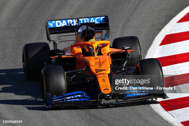 Lando Norris of Great Britain driving the McLaren F1 Team MCL35 Renault on track during Day Two of F1 Winter Testing at Circuit de...