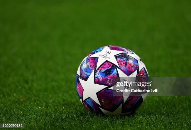 View of the Adidas UCL Finale match ball during the UEFA Champions League round of 16 first leg match between Olympique Lyon and Juventus at Parc...
