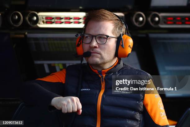 McLaren Team Principal Andreas Seidl looks on from the pitwall during Day Two of F1 Winter Testing at Circuit de Barcelona-Catalunya on February 27,...