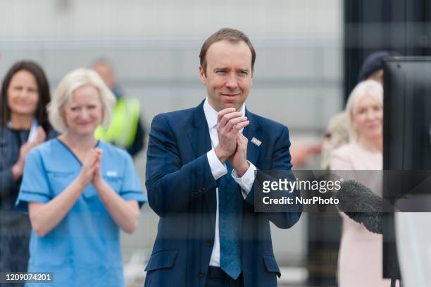 Secretary of State for Health and Social Care Matt Hancock opens the new NHS Nightingale hospital at the ExCeL conference centre on 03 April 2020 in...