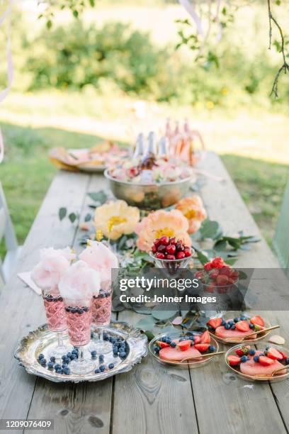 table set for party in garden - midsummer sweden stock-fotos und bilder