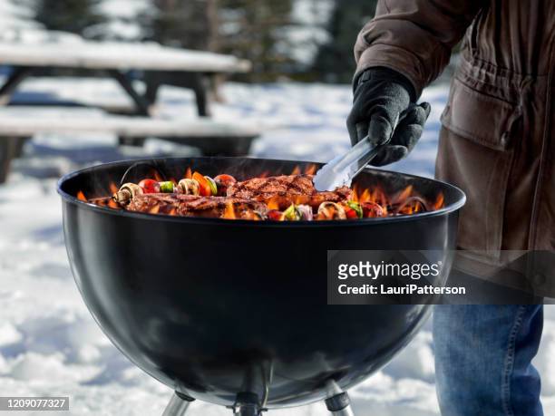 cooking steaks and kabobs on a backyard bbq in the middle of winter - charcoal food stock pictures, royalty-free photos & images