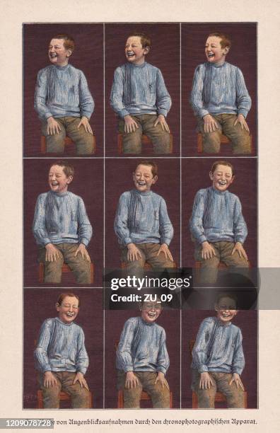 snapshots of a boy through a chronophotographic apparatus, published 1895 - chronophotography stock illustrations