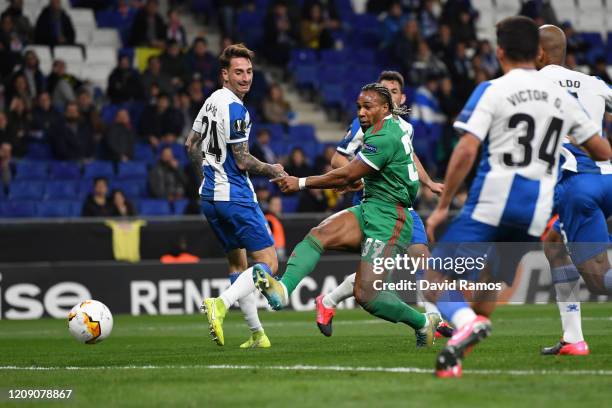 Adama Traore of Wolverhampton Wanderers scores his team's first goal during the UEFA Europa League round of 32 second leg match between Espanyol...