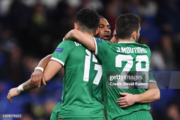 Adama Traore of Wolverhampton Wanderers celebrates with teammates after scoring his teams first goal during the UEFA Europa League round of 32 second...