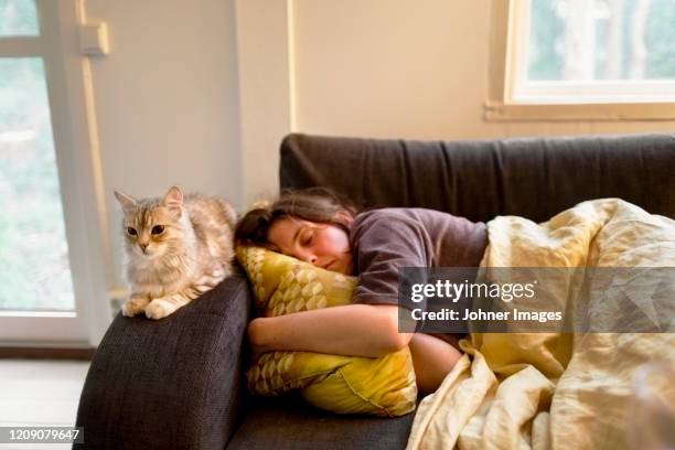 woman sleeping on sofa - tired cat stock-fotos und bilder