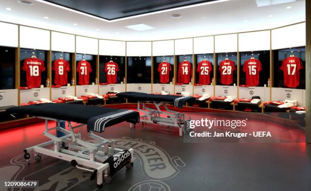 General view inside the manchester United dressing room ahead of the UEFA Europa League round of 32 second leg match between Manchester United and...