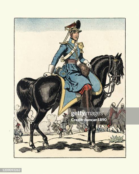 ilustraciones, imágenes clip art, dibujos animados e iconos de stock de uniformes militares franceses 1830, caballería ligera, chasseur d'afrique - afrique