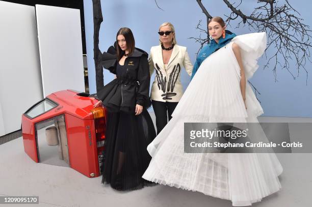 Yolanda Hadid pose backstage with her daughters Bella Hadid and Gigi Hadid before the Off-White Womenswear Fall/Winter 2020/2021 show as part of...