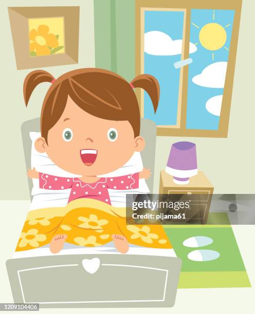 ilustraciones, imágenes clip art, dibujos animados e iconos de stock de girl waking - one girl only